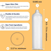 An image of the Royal Tailored Fit Ultra Thin Vegan Condoms is accompanied by descriptive text highlighting its 0.045 mm thickness, length range of 6.5 - 7.5 inches, and width of 2.17 inches. Key features include being "Super Ultra Thin," "Flexible & Durable," and crafted from vegan condoms using non-toxic ingredients for a natural feel and safety. A diagram displays these measurements clearly.